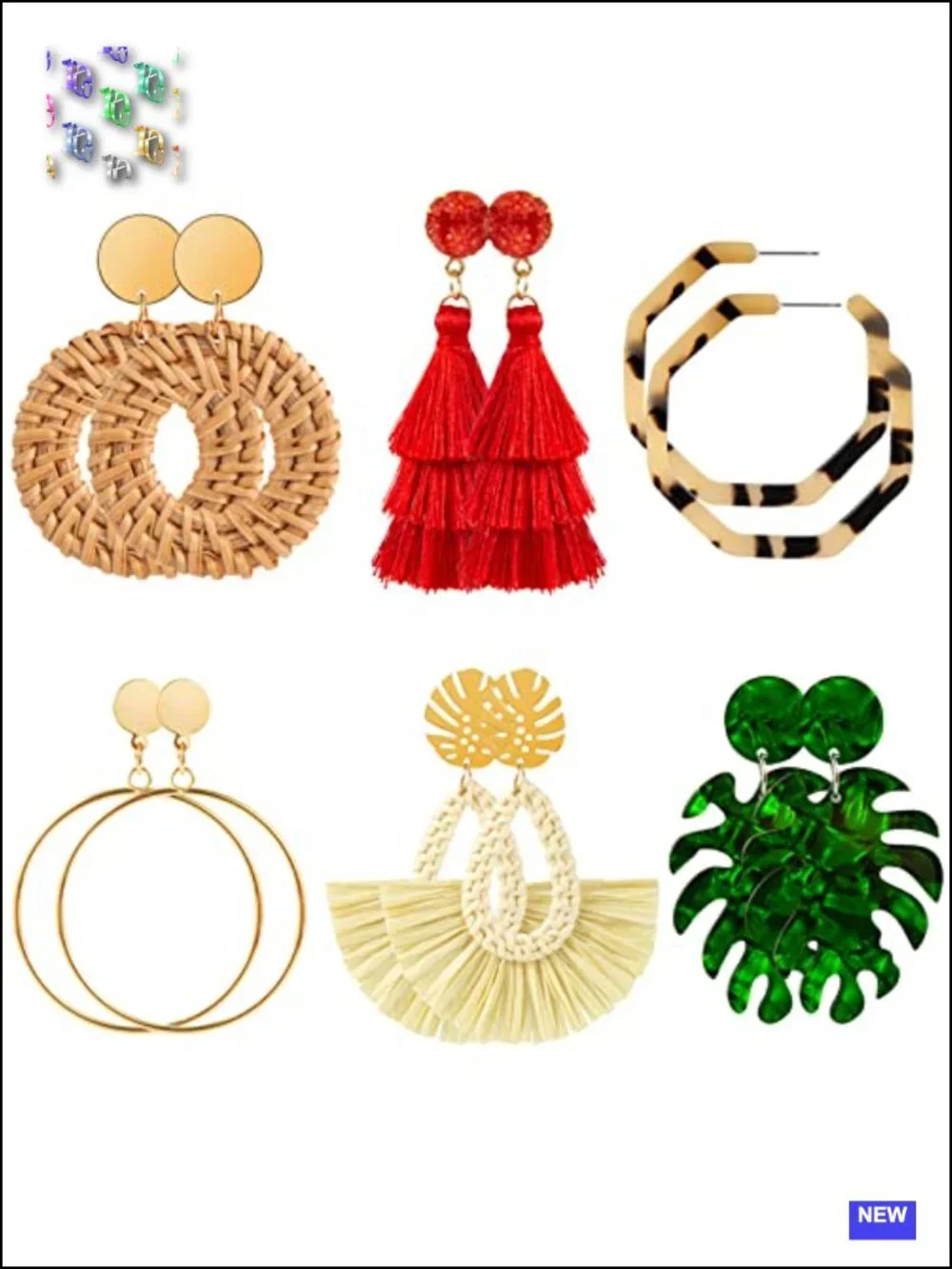 6 Pairs Rattan Earrings Set Lightweight Geometric Hoop Dangle Drop Straw Summer